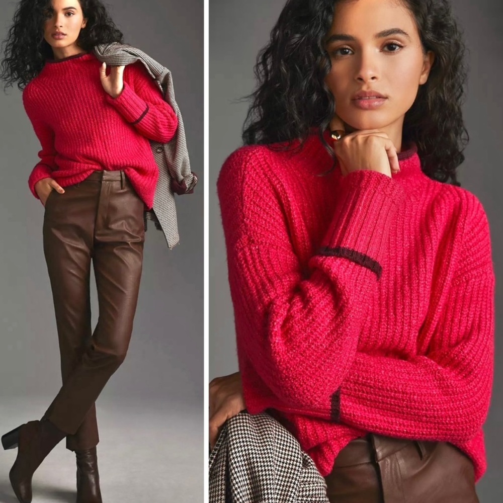 Anthropologie Maeve Oversized Ribbed Hot Pink Mock Neck Colorblocked Sweater